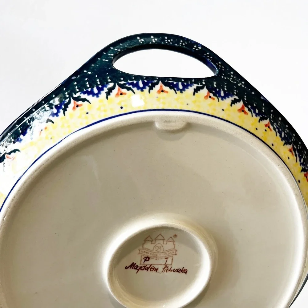 Boleslawiec Polish Pottery Yellow Blue Round Serving Tray w/ Handles Coneflower